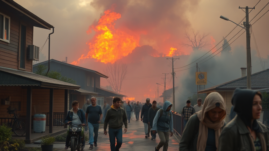 2026 산불 예방 및 대처 요령 가이드: 입산 수칙부터 상황별 대피 방법까지 6 주택가 산불 발생 시 대처 (realistic 스타일)